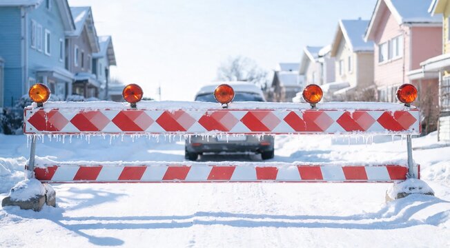 A snow-covered street with a barricade blocking the way. Houses line the street, covered in snow. Bright orange lights on the barricade shine against the winter scene.