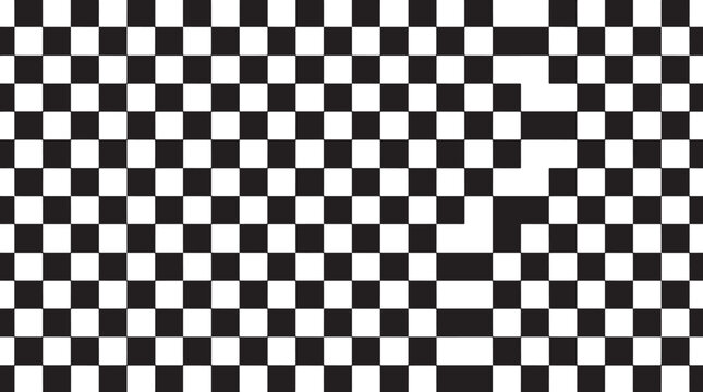 Black and white checkered pattern with a distorted glitch effect in a minimalist vector graphic design