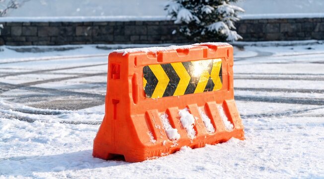 An orange traffic barrier with black stripes stands on a snowy surface. Snow covers the ground, creating a winter scene.