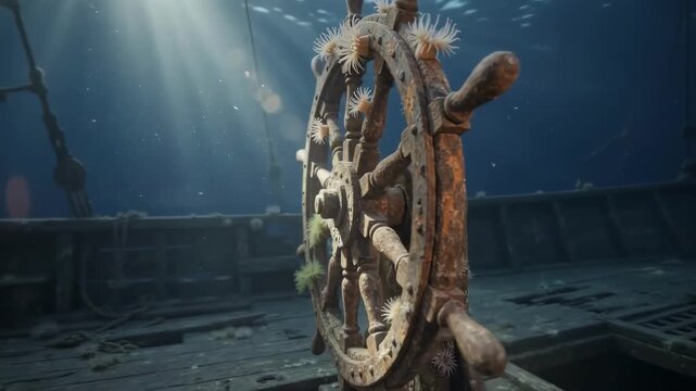 Timeless underwater relic showcasing an ancient ship's wheel surrounded by marine life and illuminated by sunlight filtering through the water.