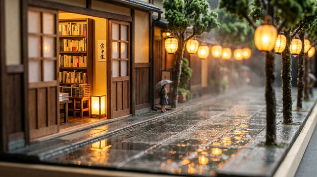 Miniature Diorama of a Traditional Japanese Street at Night in the Rain with Glowing Lanterns and a Bookstore