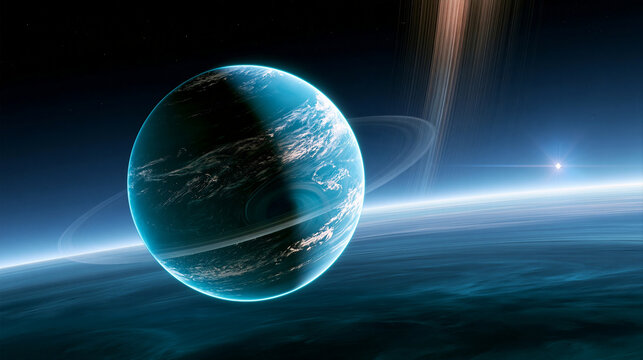 Neptune with icy rings, seen orbiting its distant cold sun. Astronomy and planetology science. 3D landscape illustration for space exploration, sci-fi background
