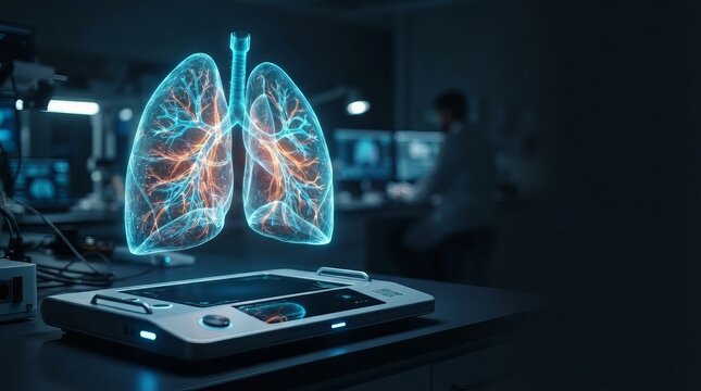 Holographic lung model floating above futuristic medical tablet in dark laboratory. 3D respiratory system visualization for pulmonology diagnosis and innovative healthcare technology concept