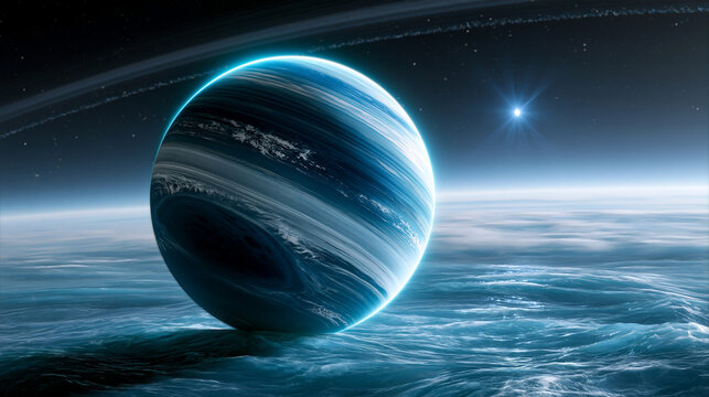 Neptune ice giant sphere with ice rings hovering in aquamarine methane atmosphere. Astronomy and planetology science. 3D landscape illustration for space exploration, sci-fi background