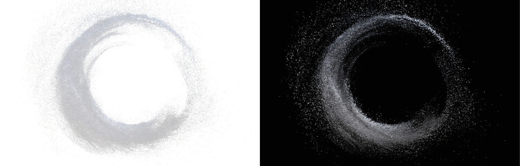 Abstract dark powder circle frame on white and black background, dynamic dust ring overlay, monochrome sand halo backdrop, high-contrast presentation slide template PNG © Creative Lab