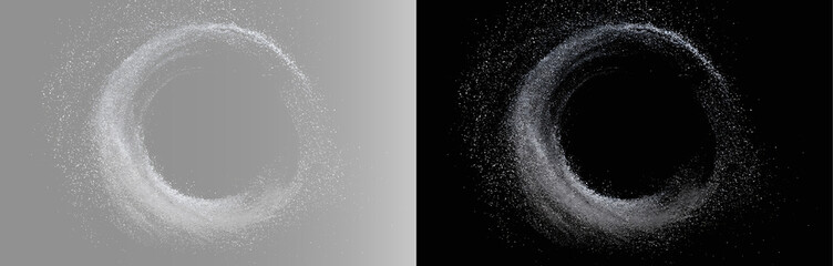 Abstract dark powder circle frame on transparent grey  black background, dynamic dust ring overlay, monochrome sand halo backdrop, high-contrast presentation slide template PNG © Creative Lab