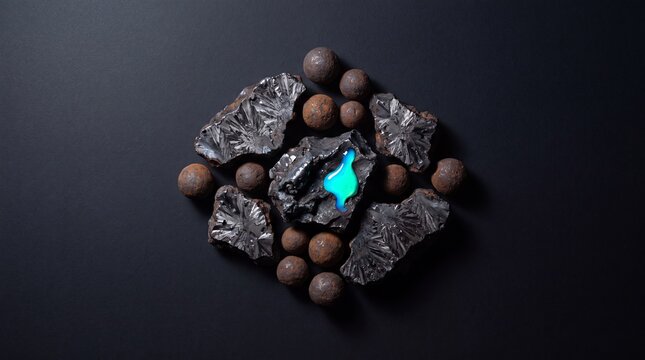 Top view of raw metallic mineral crystals and rusty iron pellets arranged on a black surface with a glowing turquoise liquid puddle in the center.