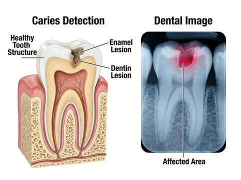 Dental caries detection with enamel and dentin lesions shown isolated on white background