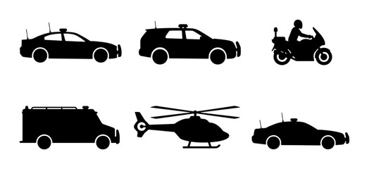 Emergency Service Vehicles Vector Icons: Police Car, SUV, Motorcycle, Ambulance, Helicopter © Priya