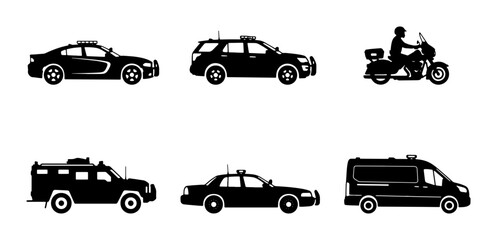 Police Vehicle Icons, Law Enforcement Transport Set, Security Car, Motorcycle, Ambulance © Priya