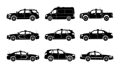 Police Car Icons, Law Enforcement Vehicle Silhouettes, Black and White Vehicle Set © Priya