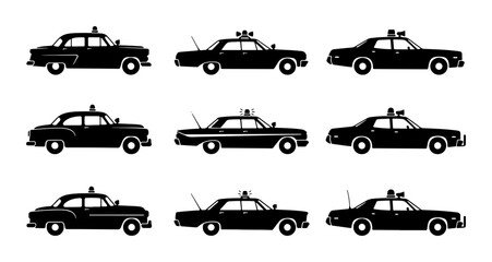 Vintage Police Car Icons, Retro Law Enforcement Vehicles, Classic American Sedans, Black Silhouette Set © Priya