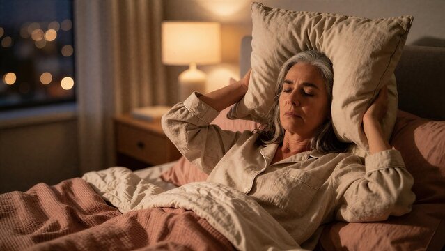 Senior woman covering ears with pillow in bed at night, warm lighting, insomnia and noise disturbance concept