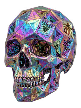 a human skull shaped from iridescent geometric bismuth crystal isolated on a transparent background