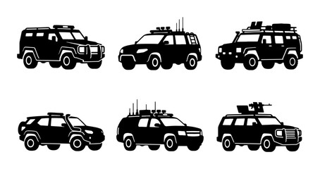 Tactical SUV Icons, Military Vehicle Set, Armored Car Graphics, Security Transport Vector Collection © Priya