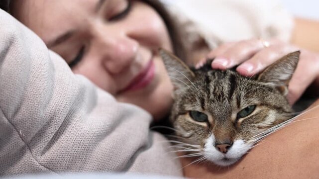 Former stray cat sleeps peacefully on young owners arm. Gentle touch creates a warm bond as rescued feline enjoys safety comfort and companionship.
