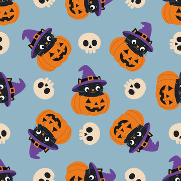 Halloween pattern with black cat in pumpkin, witch hat, skulls. Cute spooky seamless vector design for wrapping paper, textile, wallpaper, and holiday decor.