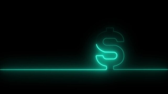 Neon glowing single line in shape of symbol of American currency Dollar on a black background. Bright red and green laser oneline illustration for financial or economic background