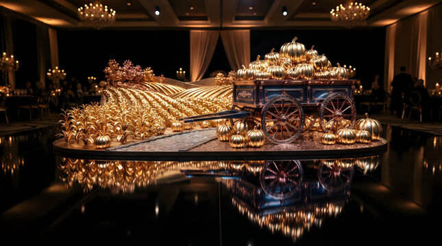 Luxury golden pumpkin display on a reflective table in a dark elegant room