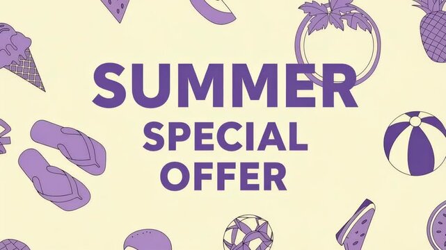 Summer special offer banner with purple text and beach icons like flipflops, beach balls and pineapple on a cream backdrop vacation sale poster.