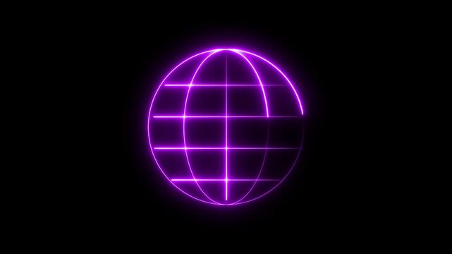Neon purple glowing earth globe wireframe animation on black background, planet