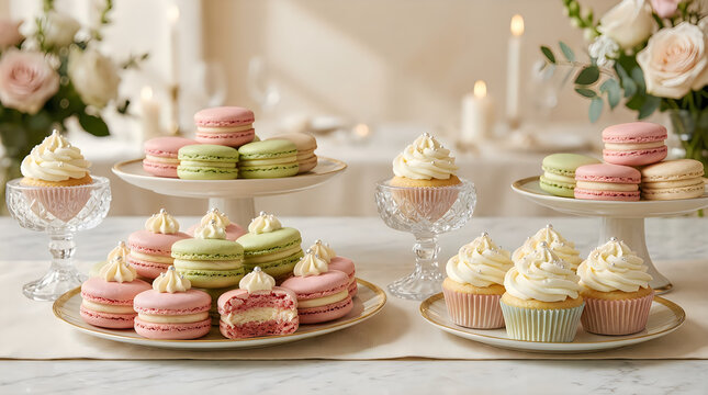 Delicious green and pink macarons and cupcakes on plates for a party celebration