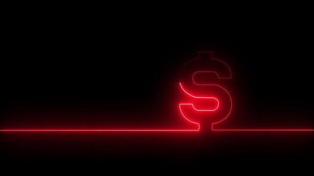 Neon glowing single line in shape of symbol of American currency Dollar on a black background. Bright red and green laser oneline illustration for financial or economic background