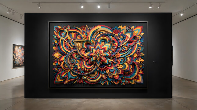 Colorful abstract geometric art painting hanging on a black wall in a modern art gallery interior