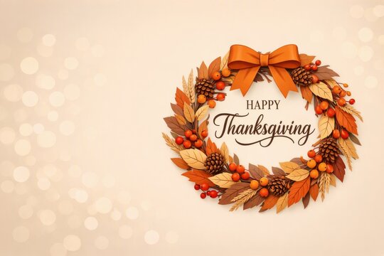Autumn wreath with leaves pinecones and berries and "happy thanksgiving" greeting on soft bokeh background for holiday card and banner design