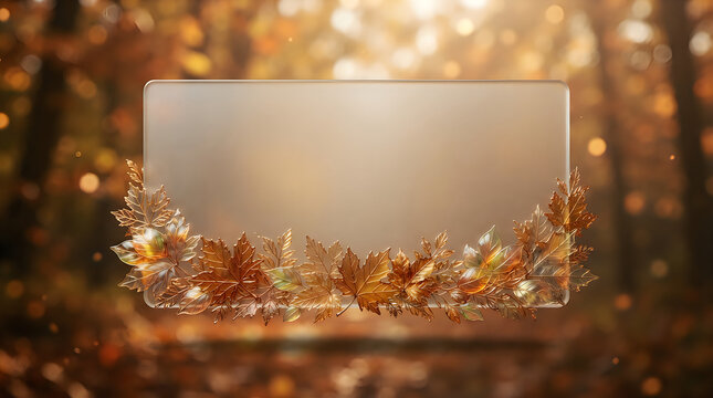 Empty rectangular frame with golden autumn leaves and glowing bokeh lights for fall invitation design