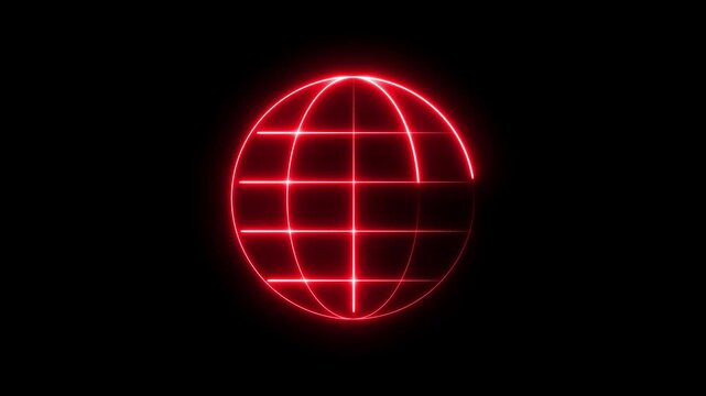 Glowing red neon globe wireframe animation on black background, earth