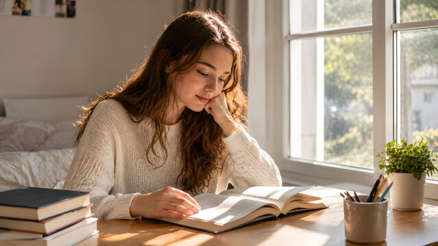Young woman studying from an open textbook at home, enjoying quiet reading time beside a sunlit window.