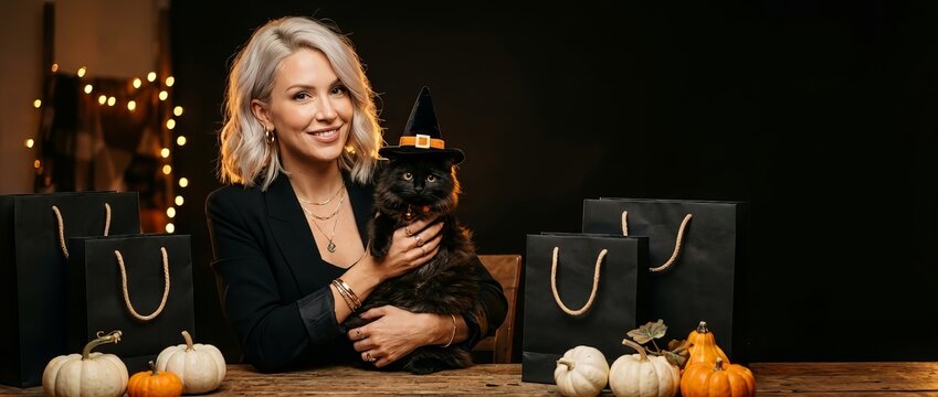 Smiling blonde woman holding black cat wearing witch hat with shopping bag and pumpkin on wooden table. Halloween pet costume and holiday shopping concept. Autumn celebration