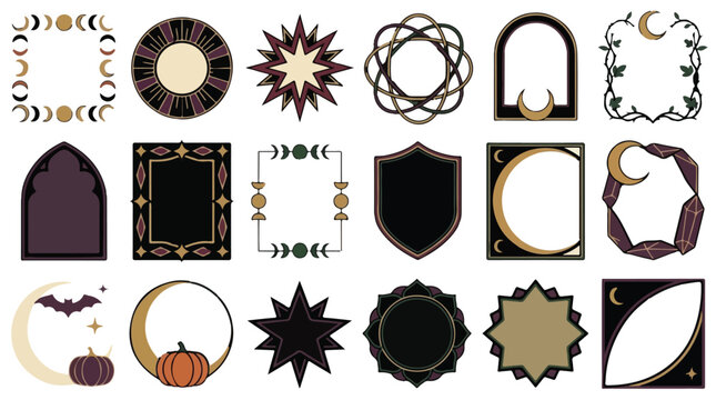 Mystical celestial frames and vector design elements feature moon phases and stars.