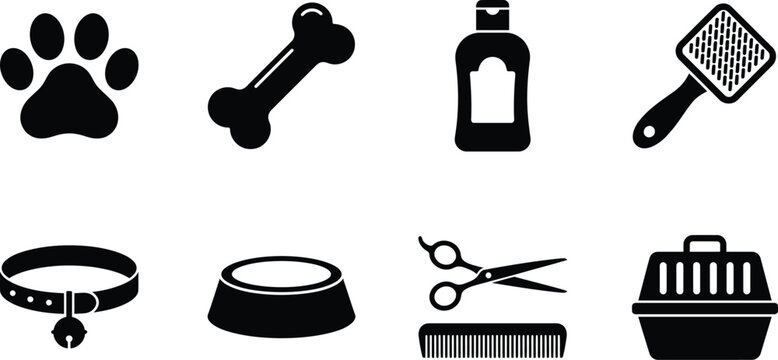 Flat black icons set for pet grooming essentials including brush, shampoo, carrier and toy