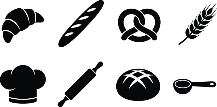 Flat design bakery icons set with bread products and tools for food industry use

