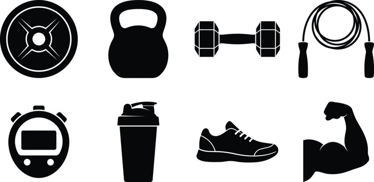 Flat design fitness equipment set with muscular arm icon for workout and exercise concept illustration