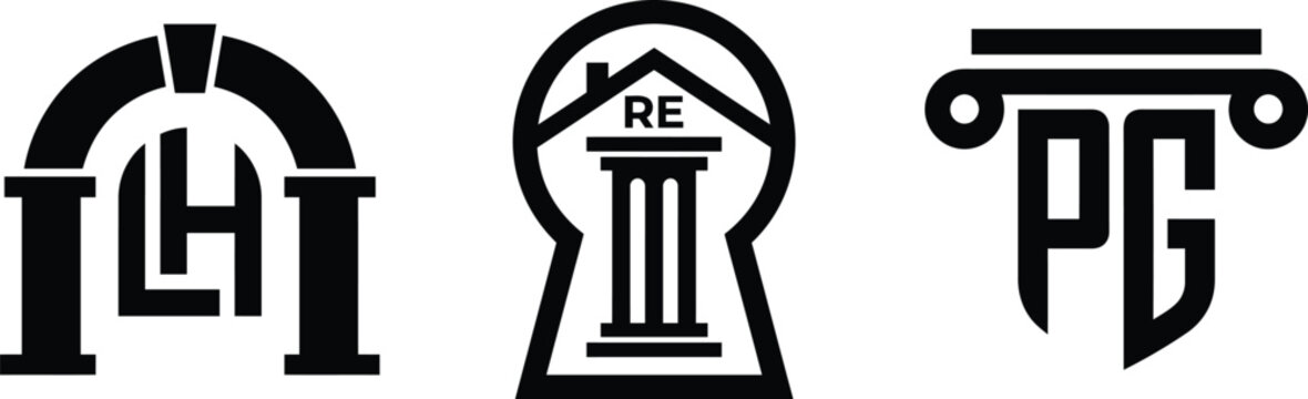 Modern minimalist business real estate finance logo icons featuring pillars and arch design set