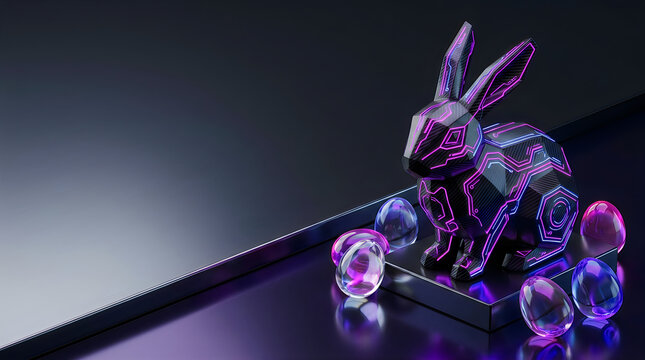 Futuristic glowing rabbit with neon circuit patterns and crystal eggs on a dark reflective surface