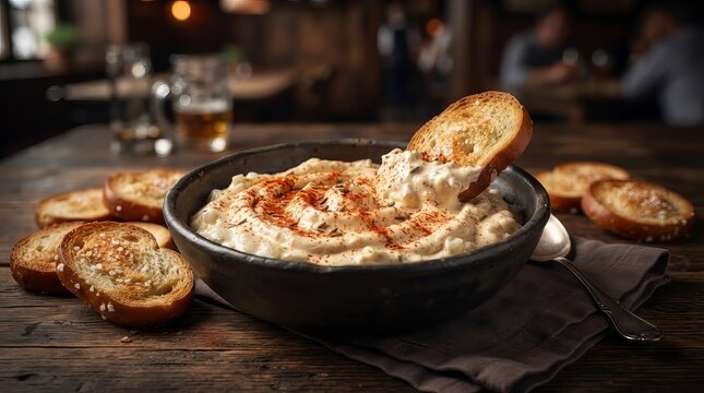 Creamy appetizer dip with paprika and cumin, served with toasted bread slices on a rustic wooden table in a restaurant setting