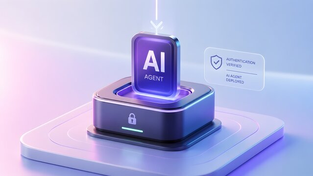 Purple artificial intelligence card plugging into lock base station. Concept of automated software deployment and cyber security authentication.