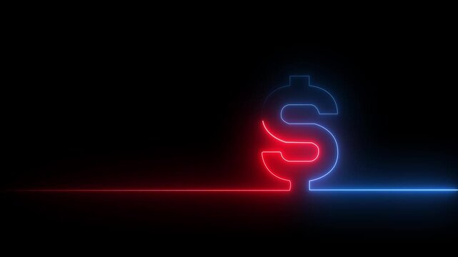 Neon glowing single line in shape of symbol of American currency Dollar on a black background. Bright red and green laser oneline illustration for financial or economic background