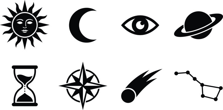 Set of celestial and time-related flat line art icons including sun, moon, eye, planet, hourglass, compass, meteor, constellation