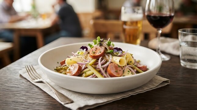 German sausage salad with cheese, pasta, red onion and pickle garnished with edible flower in white bowl on wooden table with wine and beer. Traditional cuisine for restaurant menu