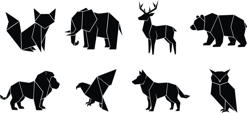Set of eight geometric flat design black and white animal vector icons
