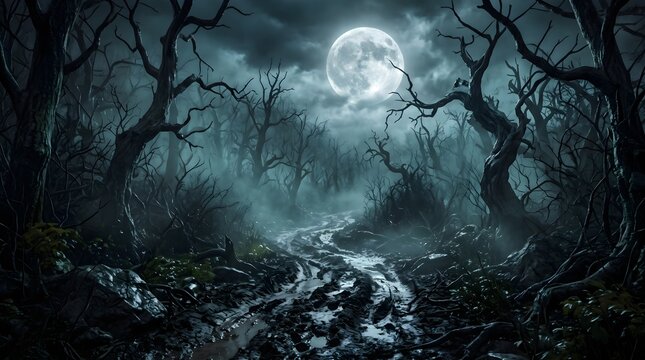 Spooky halloween forest landscape featuring a bright full moon shining over dark twisted trees and misty woods
