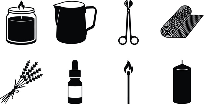 Set of wellness and aromatherapy tools including candle, herbs, essential oil, scissors, and beeswax roll