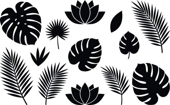 Tropical leaves and flowers vector set with clean line art for branding and commercial design projects