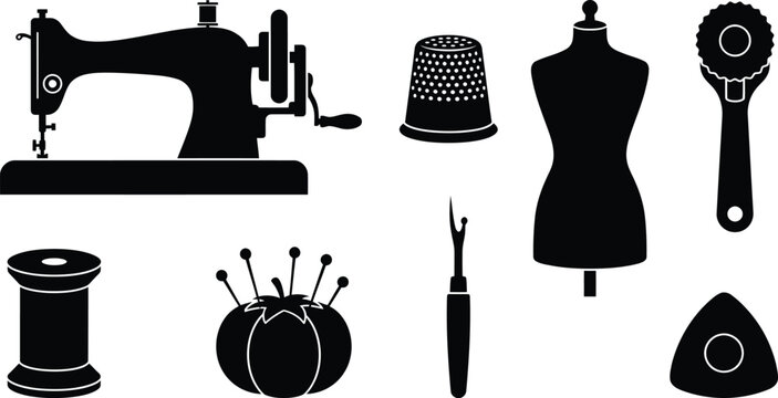 Vintage sewing tools set with dress form and old-fashioned sewing machine flat vector illustration