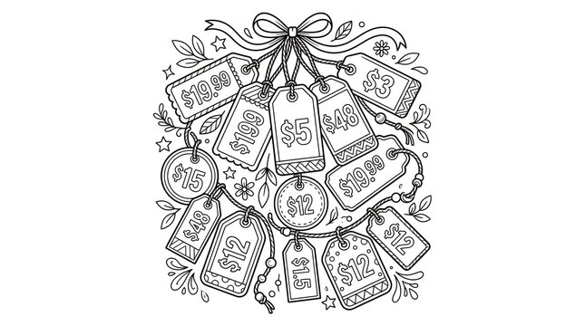 Price tags hanging from ribbon bow line art with various discount values for coloring book.